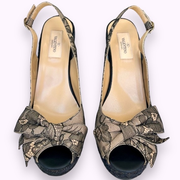 Valentino Black/Beige Lace Slingback Wedge With Bow Espadrille Sandals - Picture 2 of 9